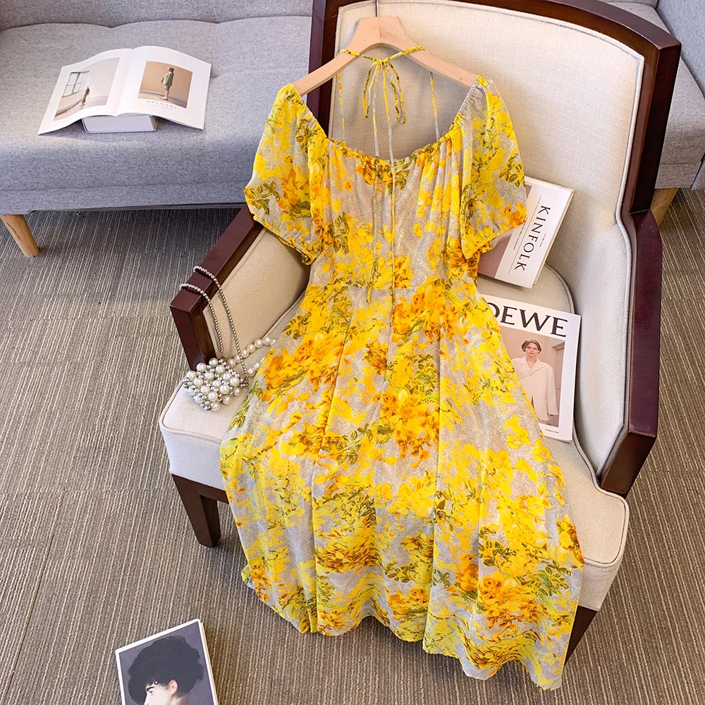 Summer Plus Size Women's Casual Chiffon High Waist Short Sleeve Dress Yellow Floral Split Dress Casual Seaside Beach Style