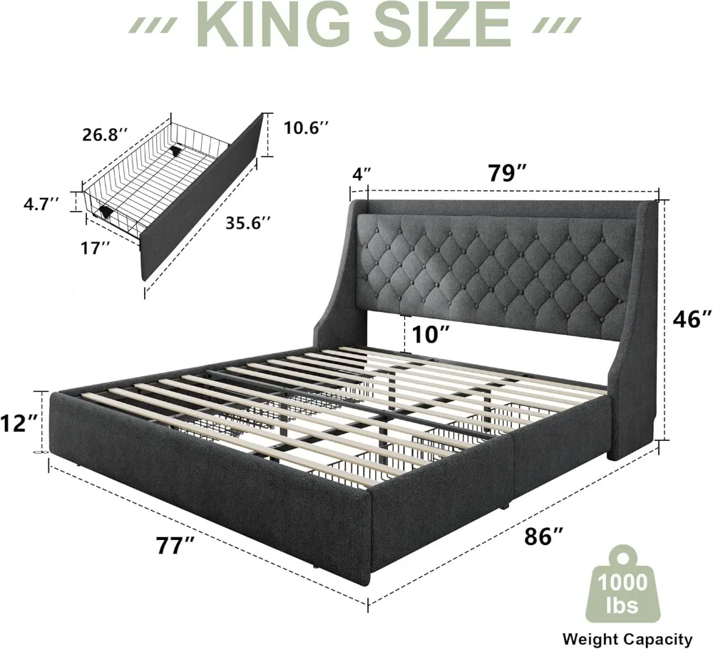 King Size Bed Frame with 4 Storage Drawers, Upholstered Storage Bed with Charging Station, Tufted Wingback Storage Headboard,