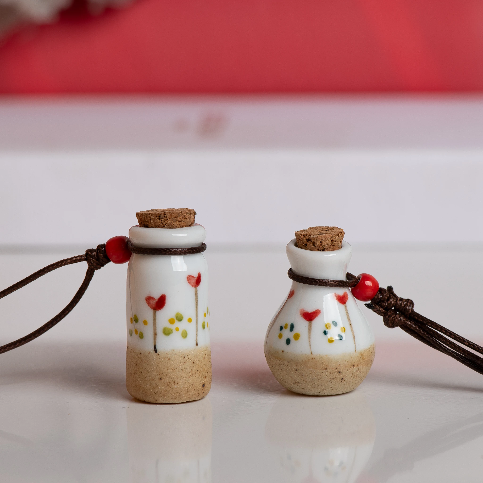 Hand-painted Mini Ceramic Bottle Pendant Necklace with Cork Stopper Adjustable Cord Artisan Jewelry Gift for Women and Girl