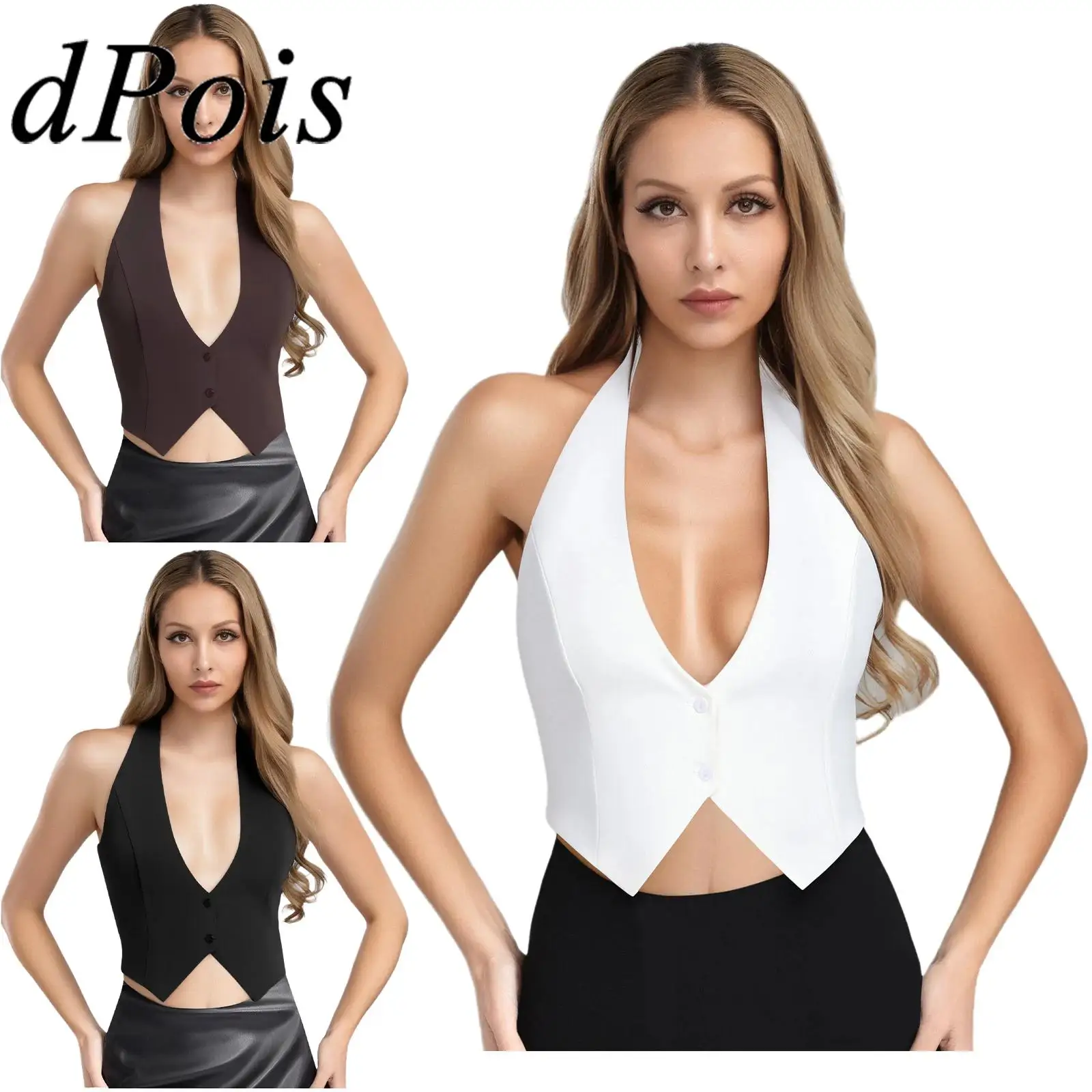 

Women Hot Vests Adjustable Halter Sleeveless Backless Button Vest for Banquet Cocktail Party Club Crop Tops Suits Waistcoats