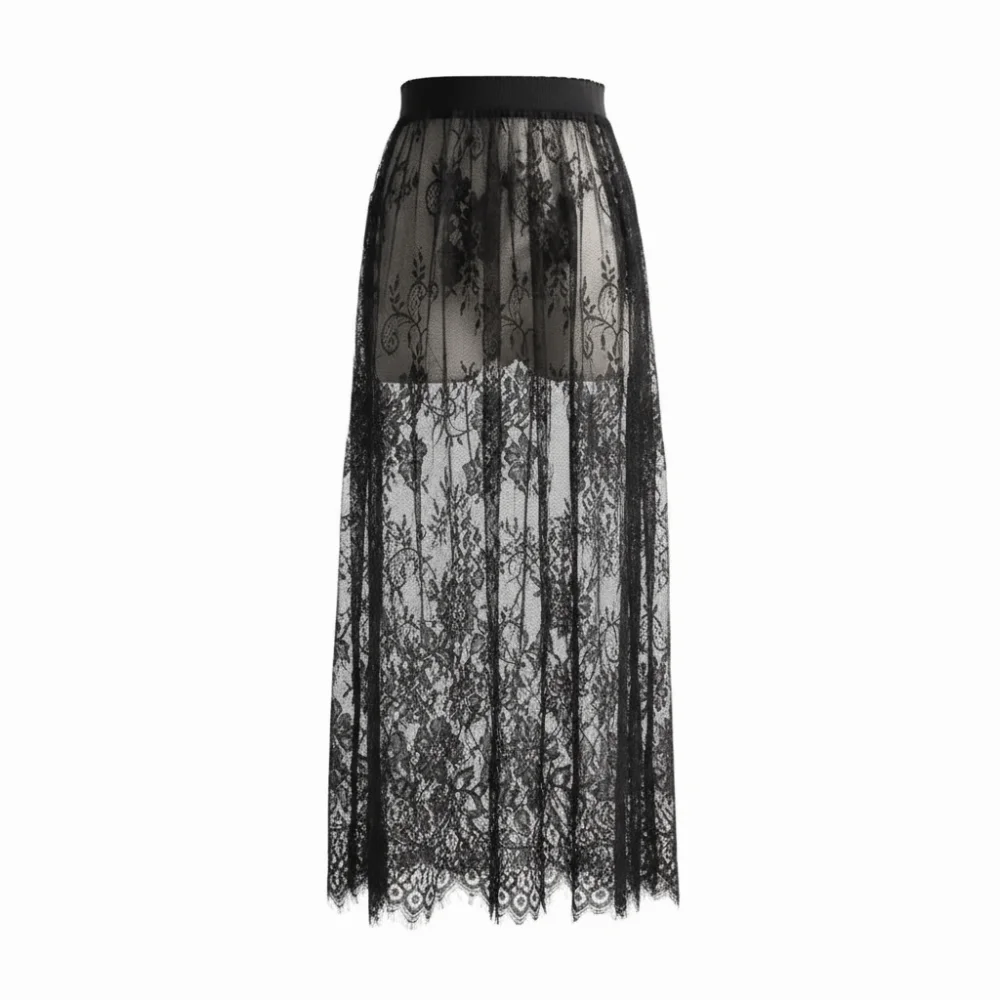 

Модная тонкая юбка-миди из ледяного шелка с высокой талией, эластичная, кружевная, сетчатая, однотонная, базовая, для лета