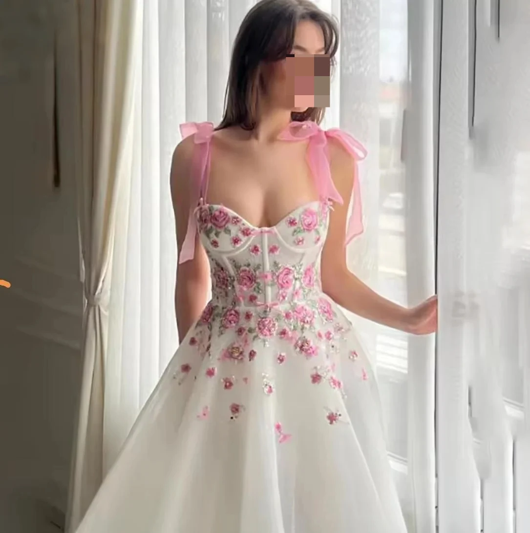 Colored 3D Flowers Wedding Dresses Pink Bow Shoulder Sweetheart Bridal Party Gown Princess Wedding Guest Dress Customized 2025
