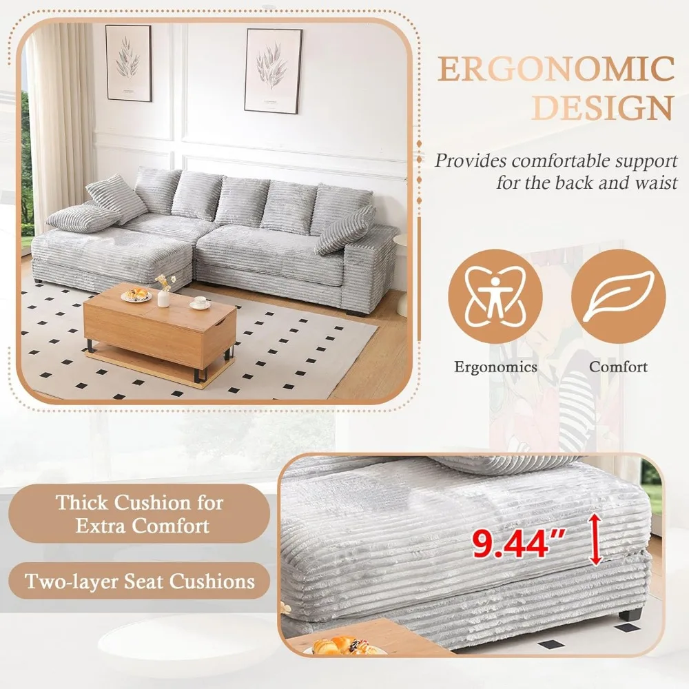 أريكة مقطعية حديثة على شكل حرف L بمقعد عميق مع مسند وتخزين، راحة 108.6 على شكل سحابة سروال قصير، تتضمن 8 وسائد