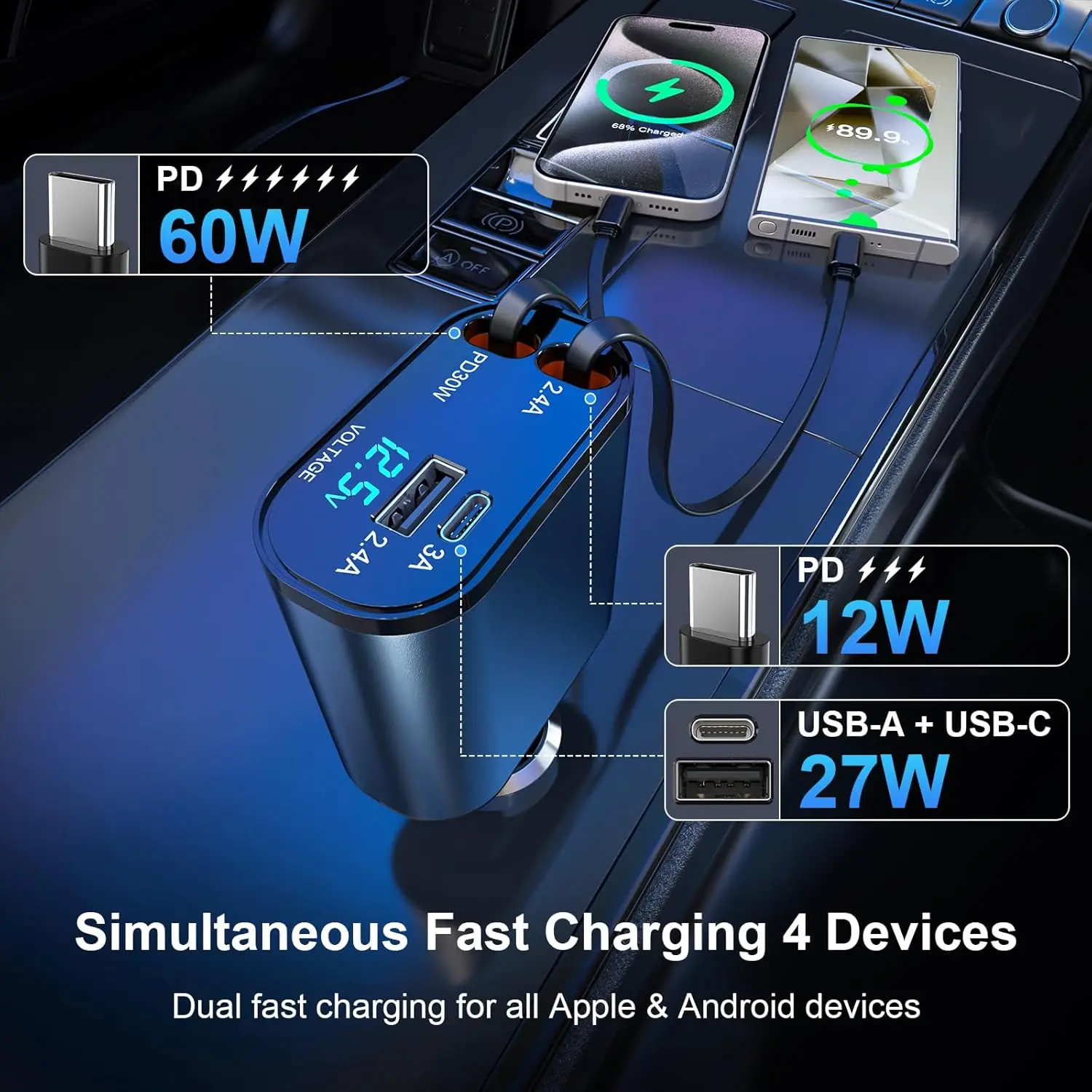100W 4 in 1 Car Charger Adapter with Dual Type-C Retractable Cables 2.7Ft 2 USB Ports, for iPhone Pro Max Plus/Samsung/Huawei