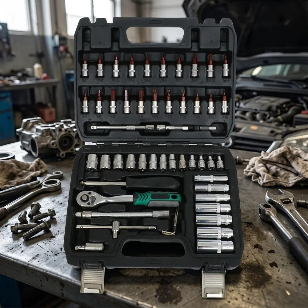 1/4 inch drive 53 piece socket ratchet kit featuring 72 tooth ratchet wrench and organized black carrying case