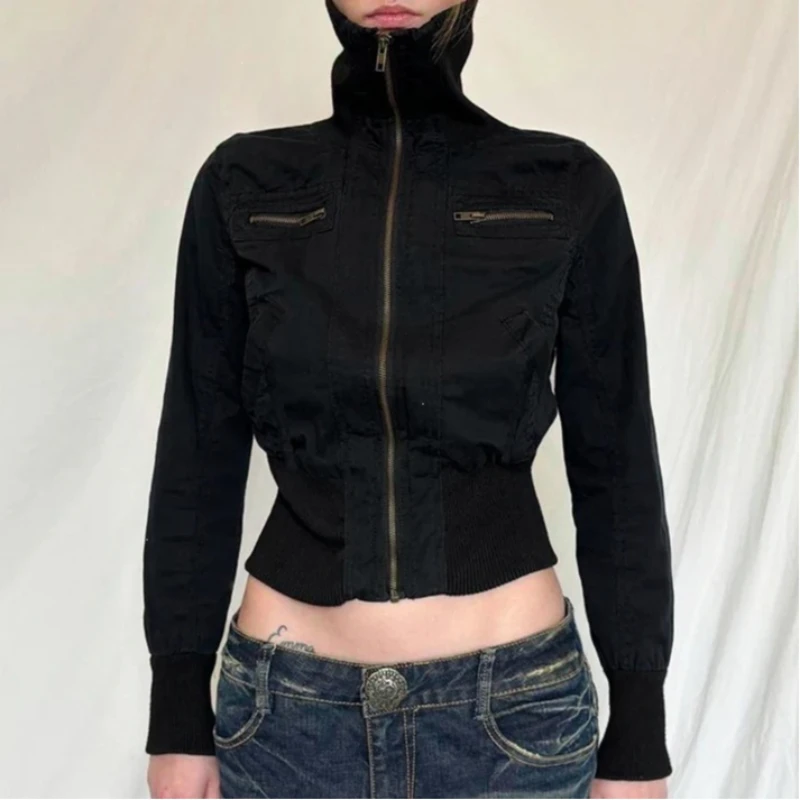 Black Cropped Stand‑Collar Jacket Women, Gold‑Tone Zipper Decor Chest Pockets Ribbed Hem Slim Streetwear Short Outerwear
