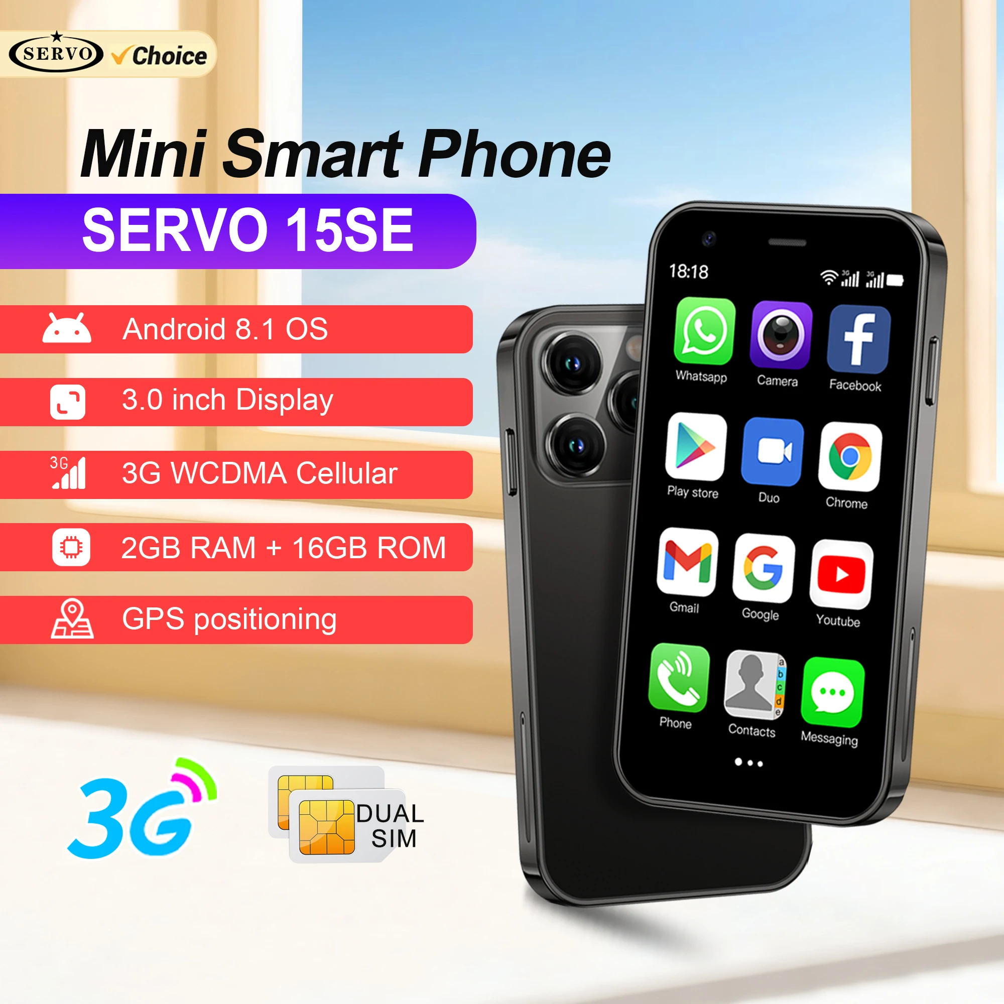 SERVO 15SE Android Mini Smartphone 3G WCDMA WiFi Hotspot Play Store 2GB+16GB Face ID 3.0