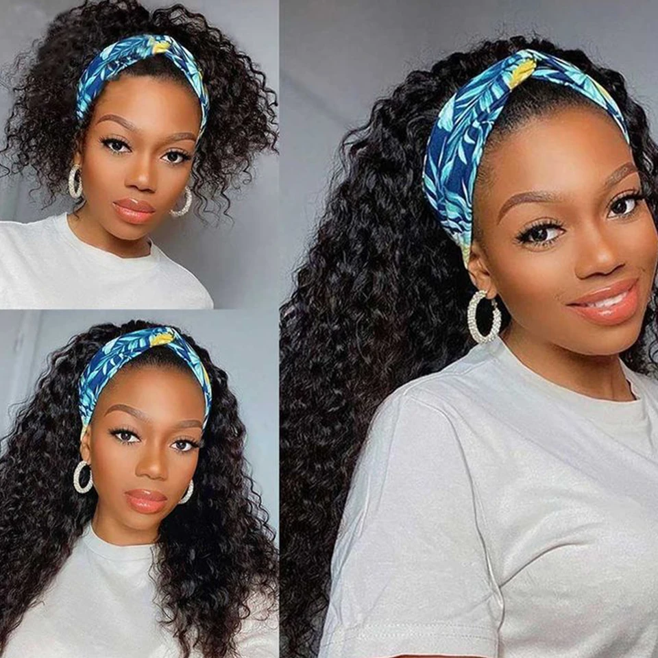 

Brazilian Jerry Curly Human Hair Headband Wig For Black Women 250% Density Glueless Remy Kinky Curly Full Machine Made Human Wig