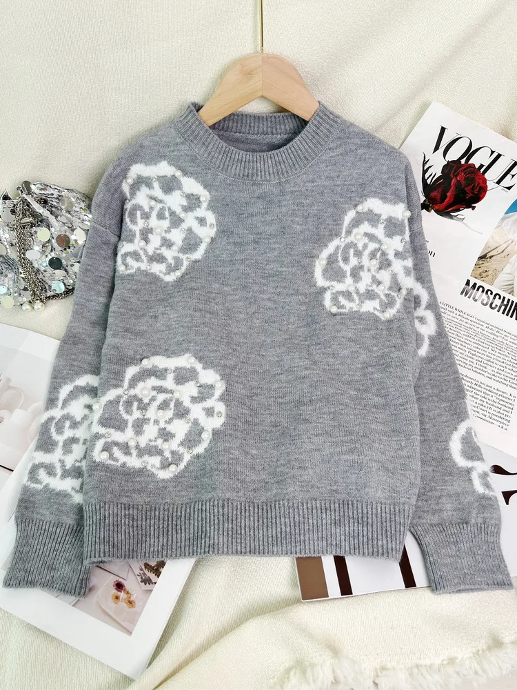 

Women's Floral Beading Knitted Sweaters 2025 Female Fashion Round Neck Long Sleeve Warm Pullovers