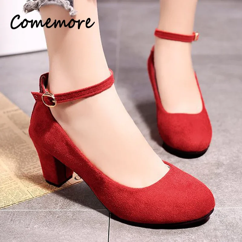 Comemore Dress Shoes Pink Woman Thick Heel Office Ladies Footwear Flock Ankle Strap Pumps Women 2024 Pink Round Toe High Heels