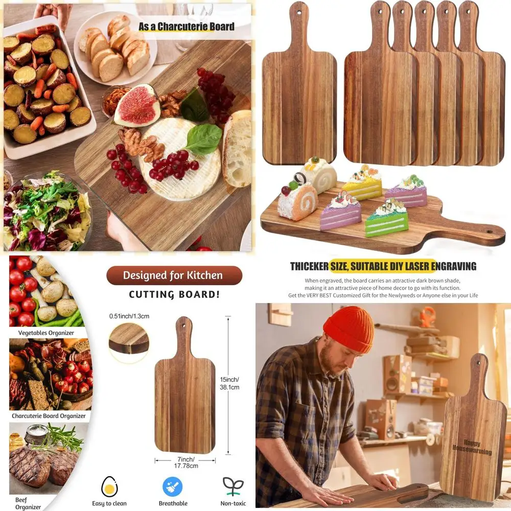 

Bulk Acacia Wood Cutting Boards, 6 Thick Chopping Boards with Handles, 15x7 Inch, Suitable for Engraving and Serving at Weddings