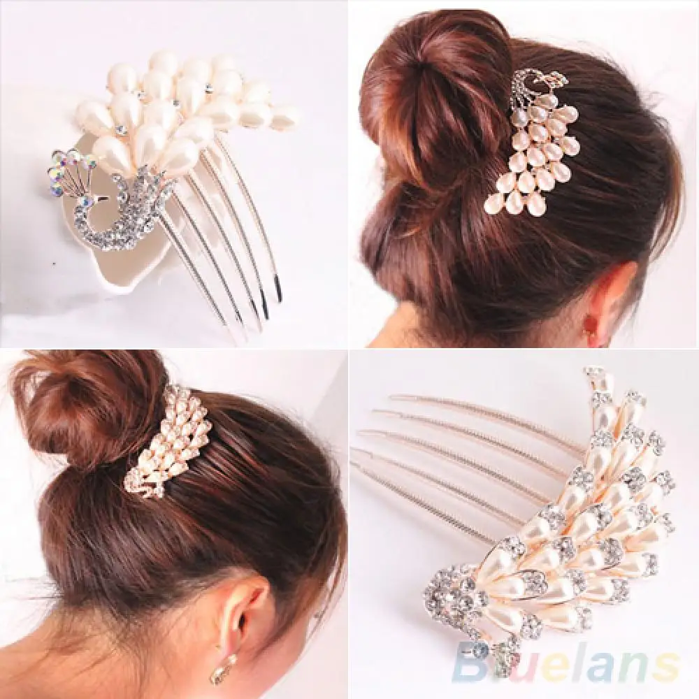 Bridal Rhinestone Faux Pearls Hairpin Flower Peacock Hair Clip Comb Head Jewelry Girls Wedding Hair Accessories