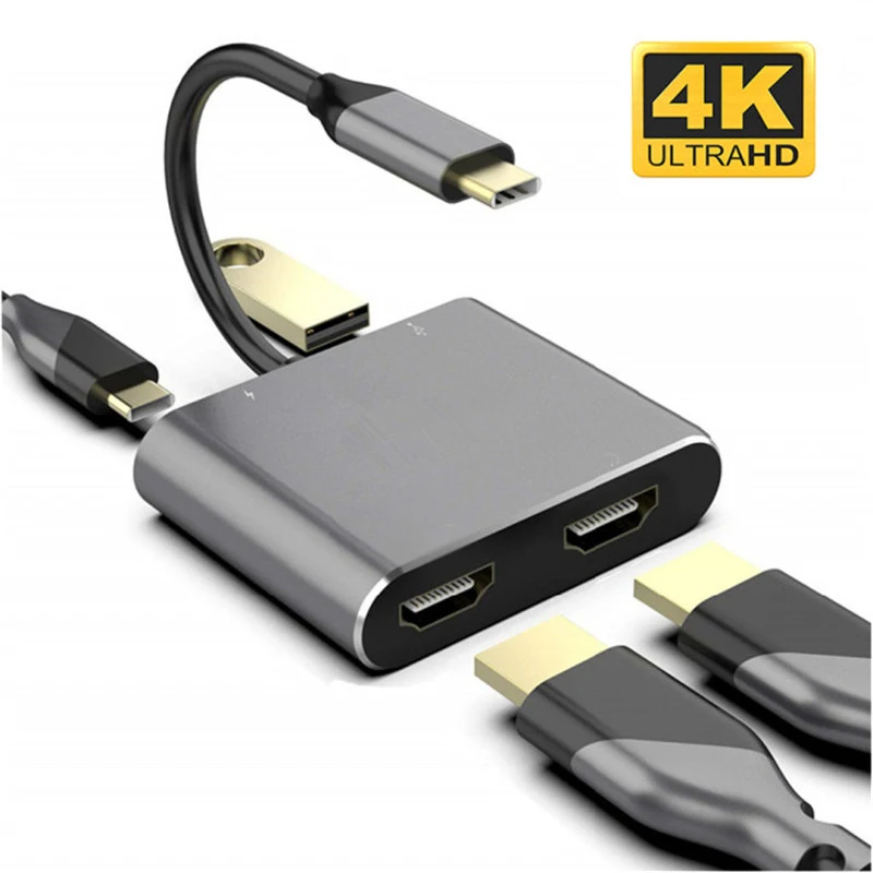 USB C Type-C Thunderbolt to Dual HD 4K USB 3.0 PD Converter Cable Dock Station Hub for PC Macbook Laptop TV Monitor