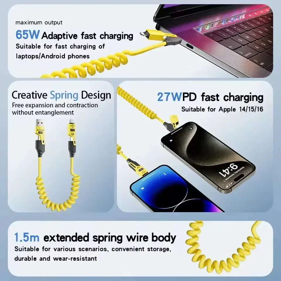 USB 4-in-1 spring telescopic Fast Charging 65W Type-C To Type-C Data Cable For iPhone 16 15 Samsung Huawei Xiaomi 1.5M