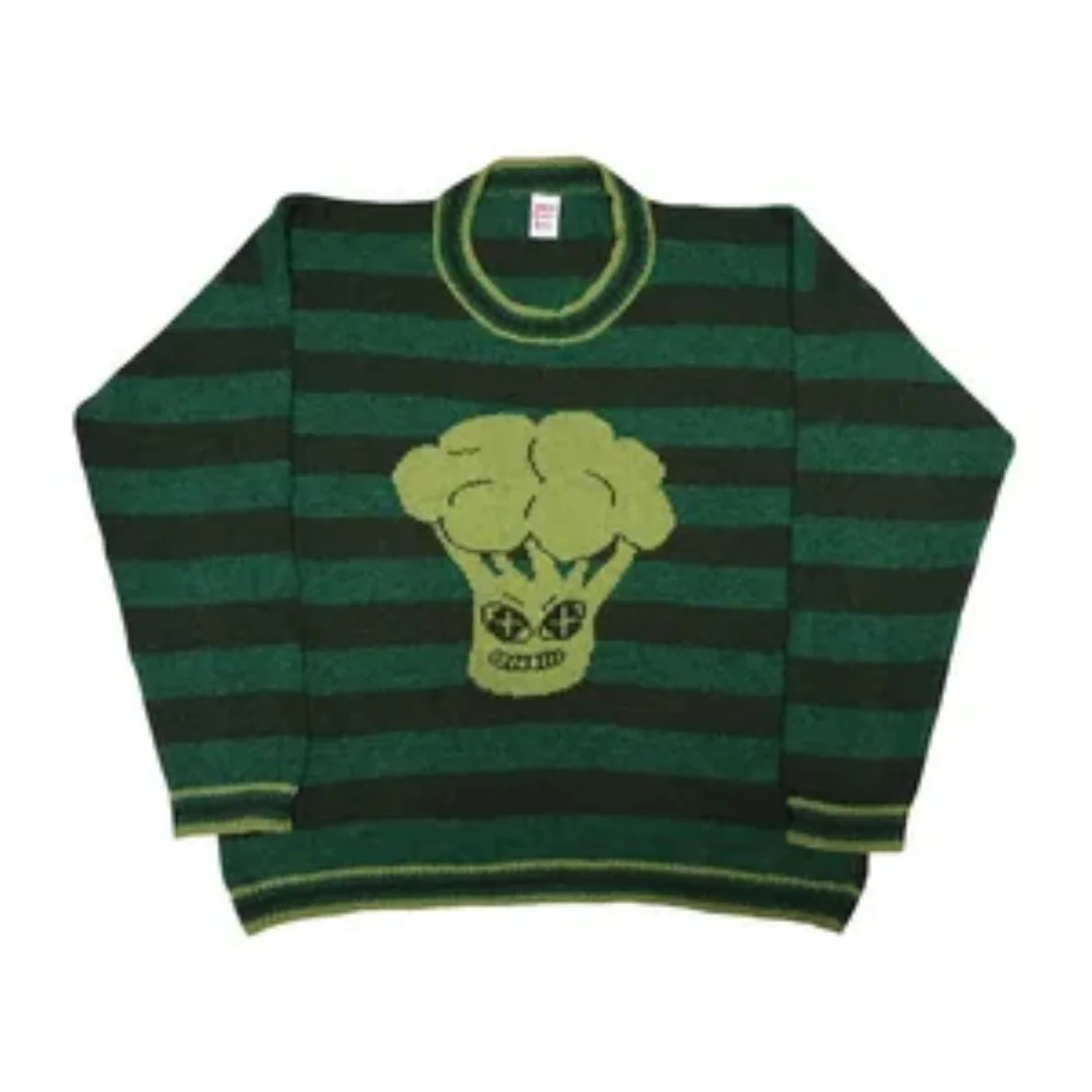 

Women Retro Green Cartoon Pattern Knitted Sweater Round Neck Long Sleeve Autumn Winter Fashion Tops