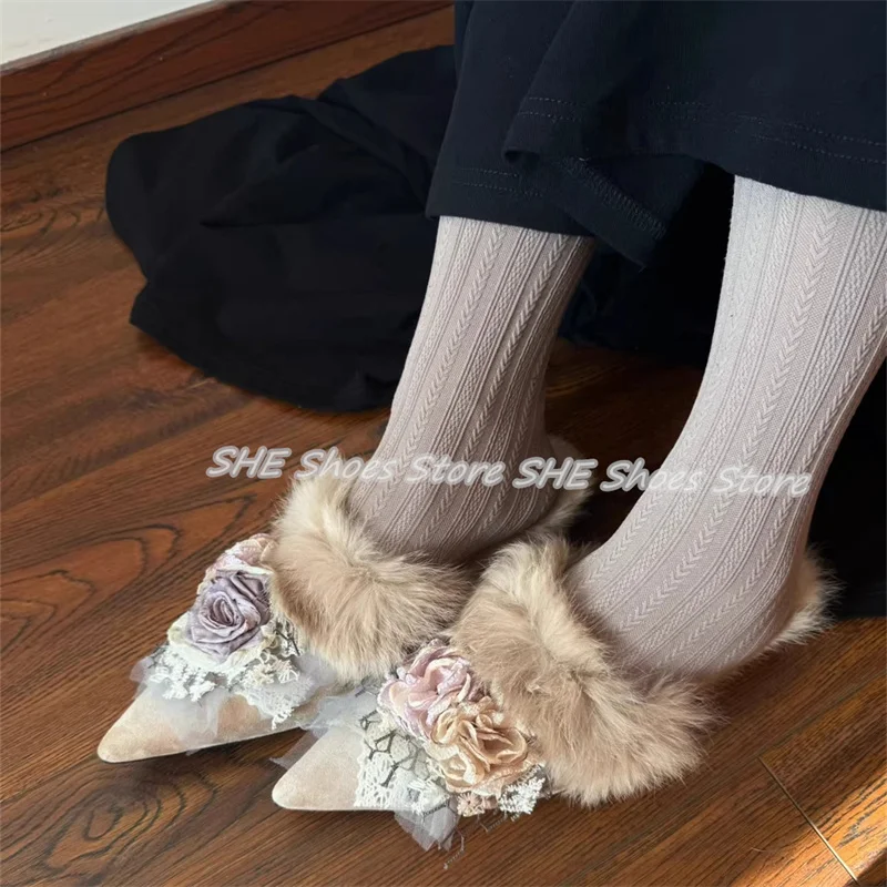 

Handmade Retro Rose Lace Decor Women Slippers Pointed Toe Low Heel Shallow Slip-On Mules Lady Winter Warm Plush Shoes