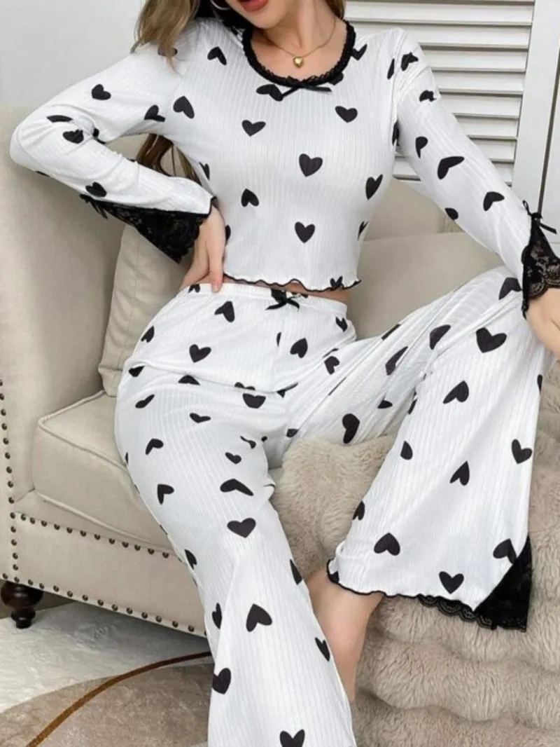 Hot Selling Homewear Lace Heart Round Neck Lace Long Sleeve Pajamas For Women Wearable Outside Long Pants Two-Piece Sets YUEI
