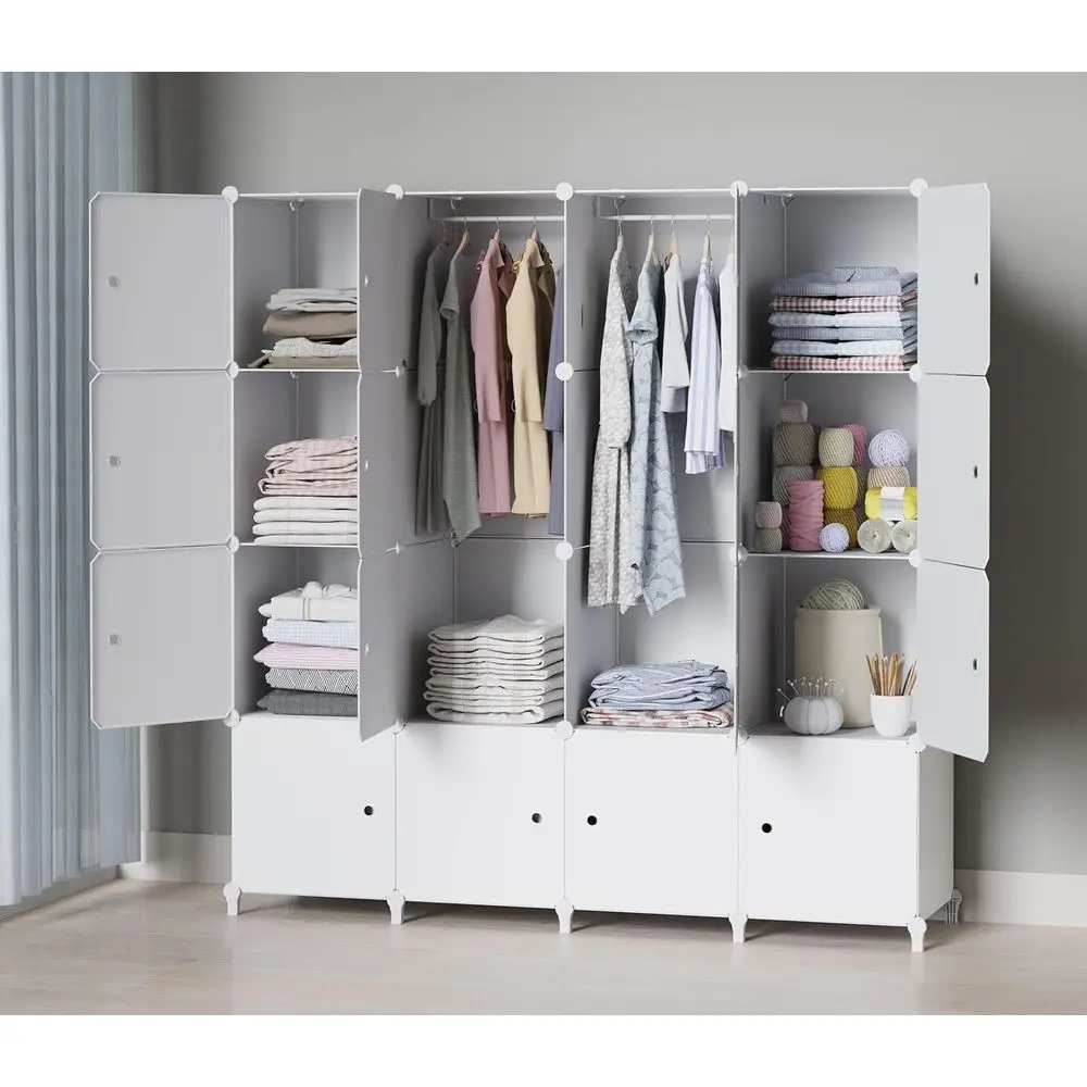 16-Compartment Portable Closet Organizer with Hanging Rails and Shelves for Bedroom Storage