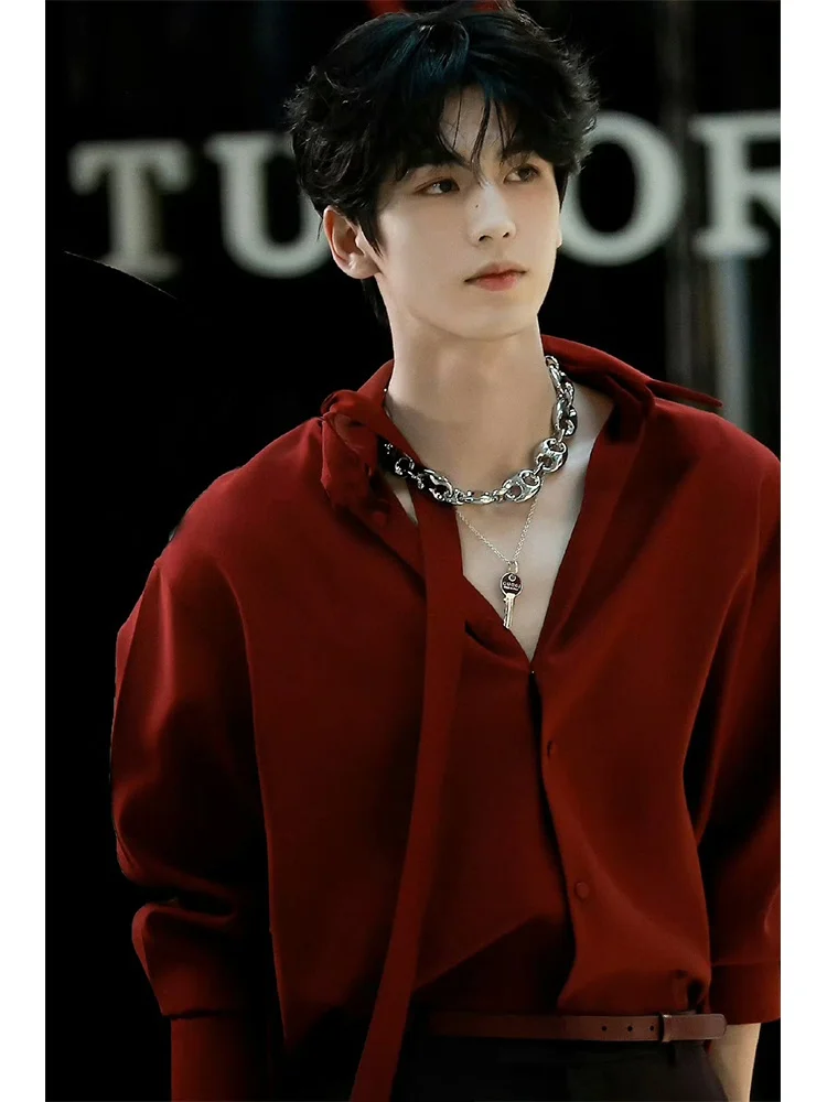 

Мужская рубашка Zhang Linghe с подплечниками, атласная, с длинным рукавом, красная, верхняя одежда, модный уличный стиль, весна-осень, полиэстер...