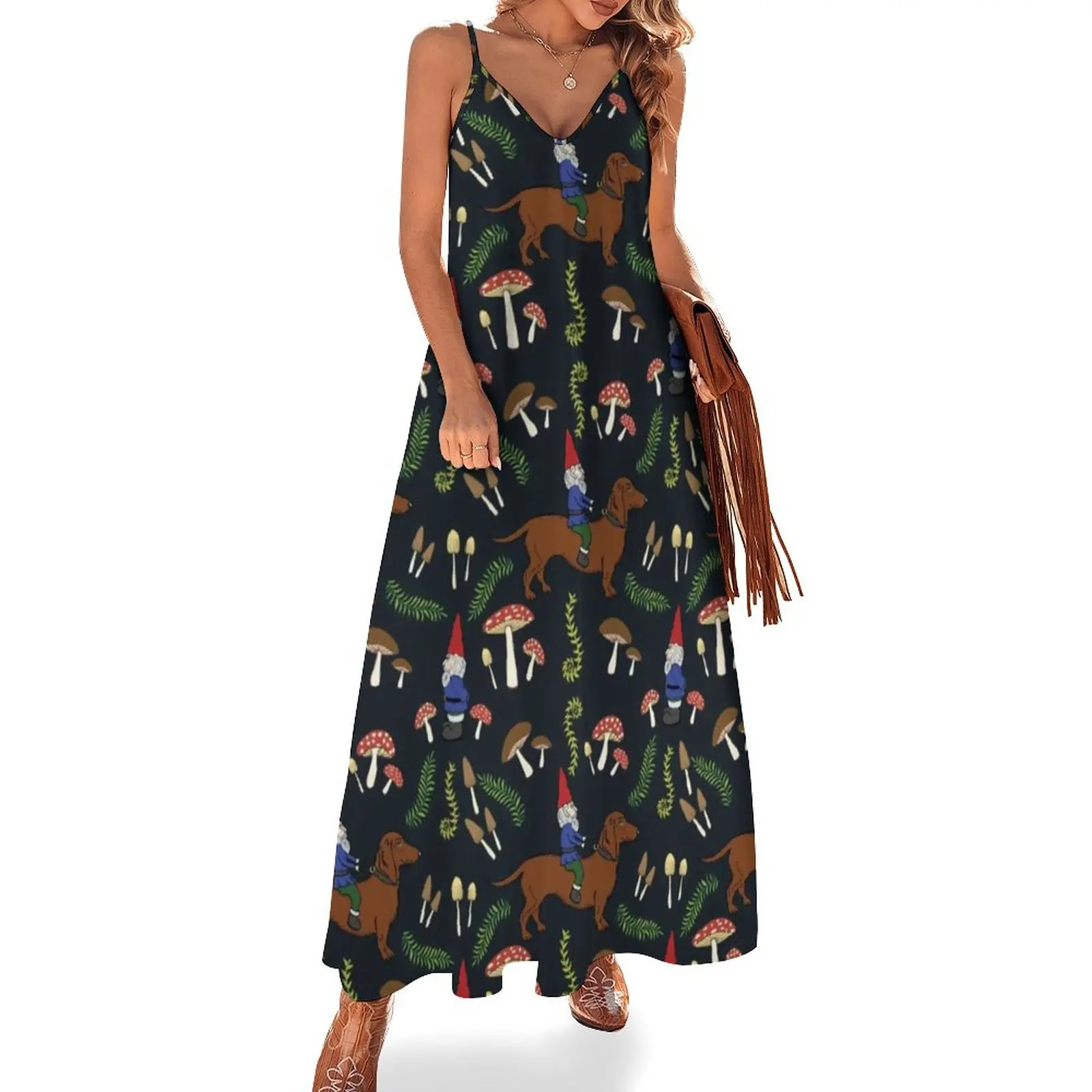 Cute Dog Dachshund Dress Mushroom Forest Print Vintage Maxi Dress V Neck Bohemia Long Dresses Strap Aesthetic Oversized Vestidos