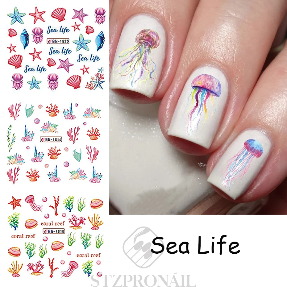 Pegatinas de animales del océano para manicura, calcomanías de transferencia de agua DIY, ballena de dibujos animados de mar, decoración de uñas, puntas SLBN, 12 piezas