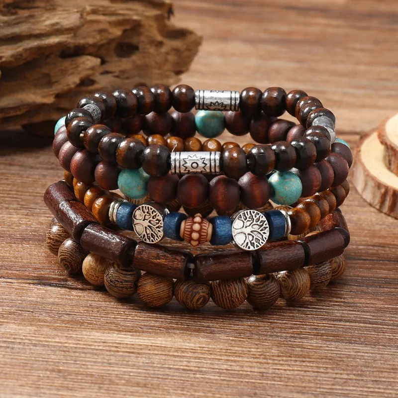 Ethnic 4-5pc/set wood bead tree Cactus Charms bracelets Hamsa Hand Butterfly Bohemia Men Bracelets For Women Female Jewelry