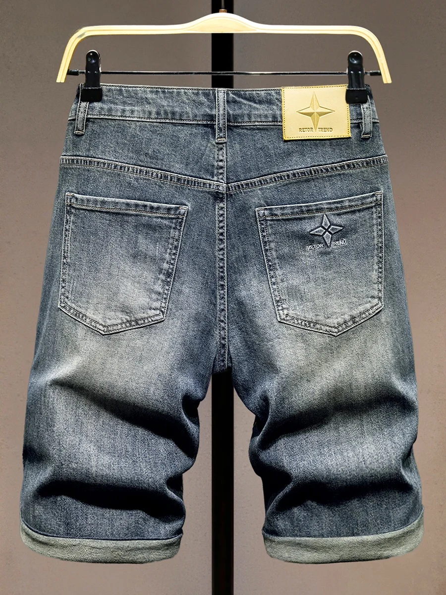 

Летние мужские джинсовые шорты с прорезями, длиной 5 дюймов, эластичные, повседневные, модные, из смесового хлопка и полиэстера, с антимикробной пропиткой, прямого кроя