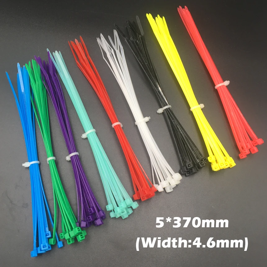 

100pcs 5x370 5*370mm (4.6mm Width) Yellow Blue Green Nylon66 Network Electric Wire String Zip Fastener Self-Locking Cable Tie