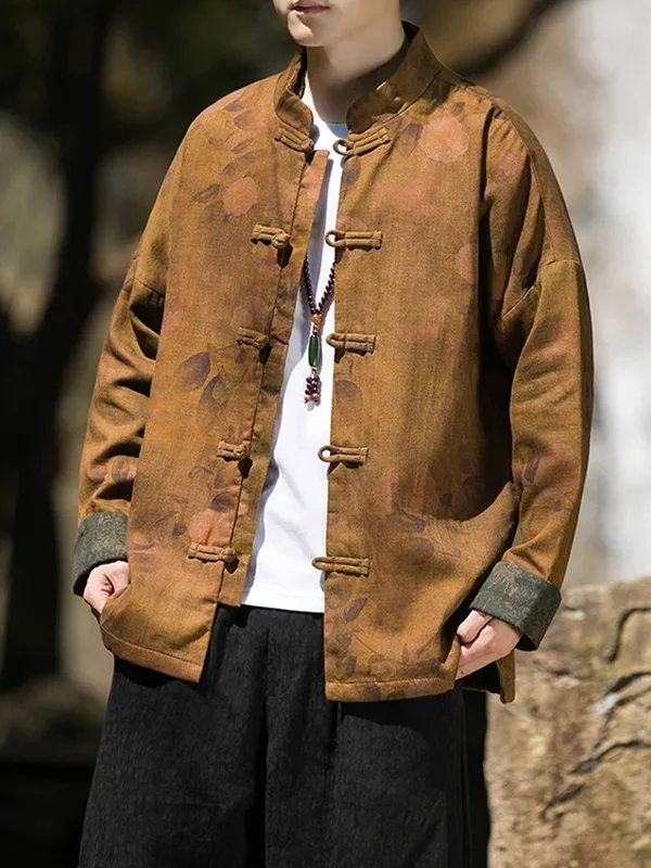 

Young Men's Loose Fit Stand Collar Jaet Tang Costume Button up Chinese Sle Outerwear Trendy Large Size Casual Wear