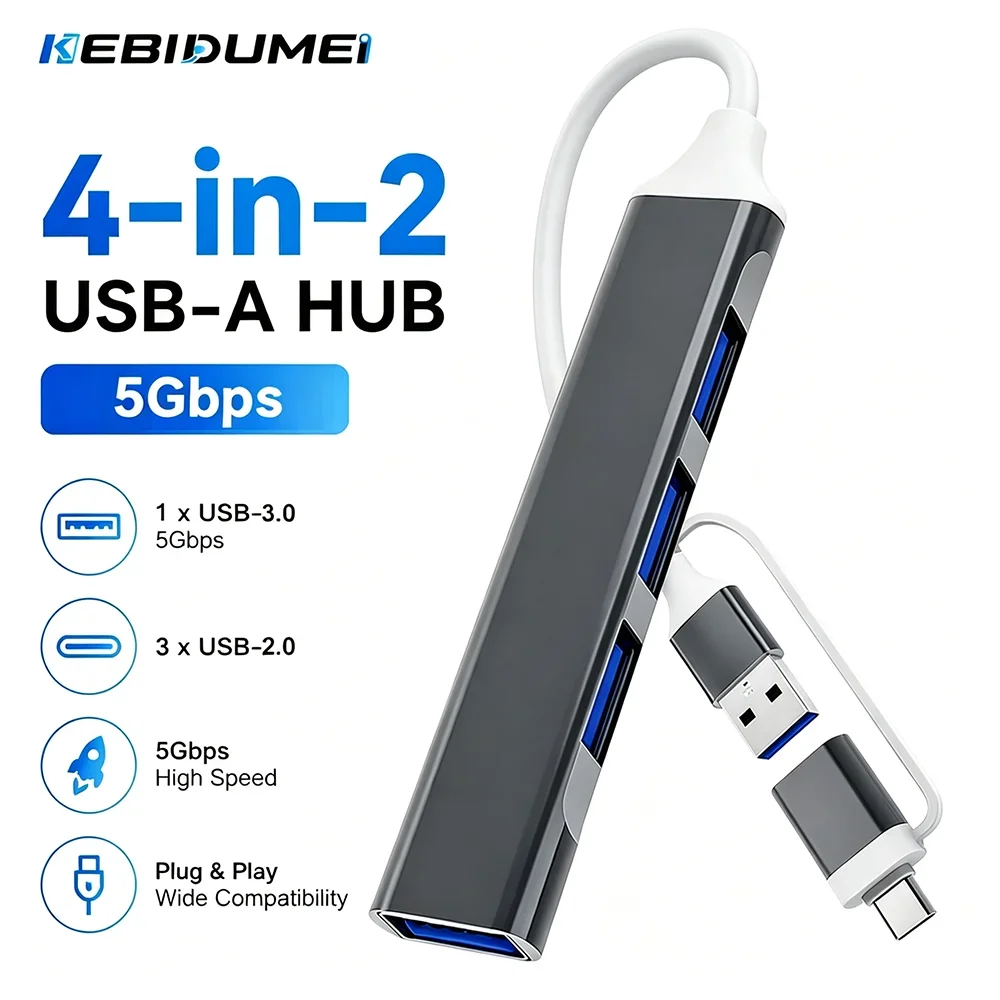 KEBIDUMEI 4 in 2 USB 3.0 Hub 5Gbps High Speed USB C to USB Hub Multi USB Splitter OTG Adapter For PC Accessories Laptop MacBook