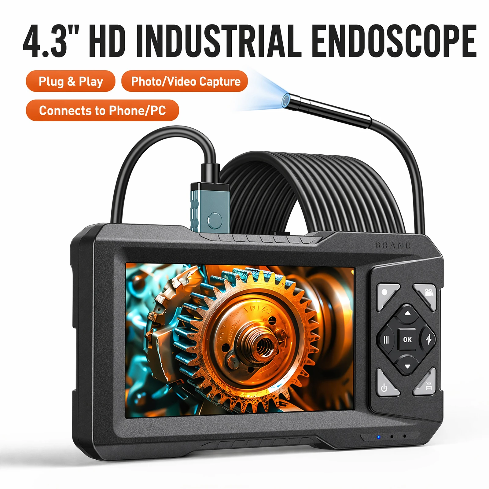 5M Industrial Endoscope with 4.3in IPS Screen Pipes Inspection Camera with Articulated Probe Auto Mechanical Endoscope Cameras