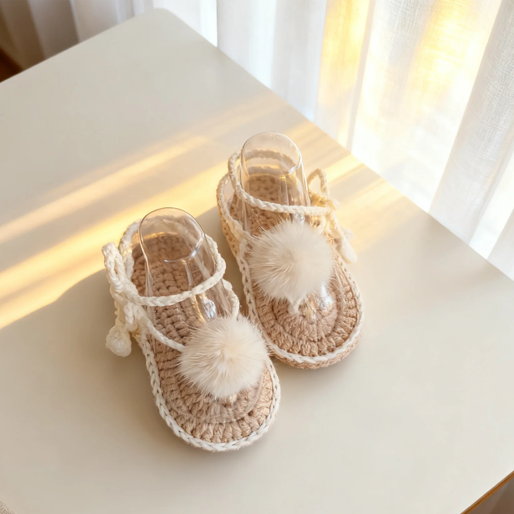 Handmade Baby Barefoot Sandals, Melard Color Real Fur Styling Summer Lace-Up Shoes, Three-Dimensional Fur Ball Plush Cute Baby Gift Photo Garden Shoes
