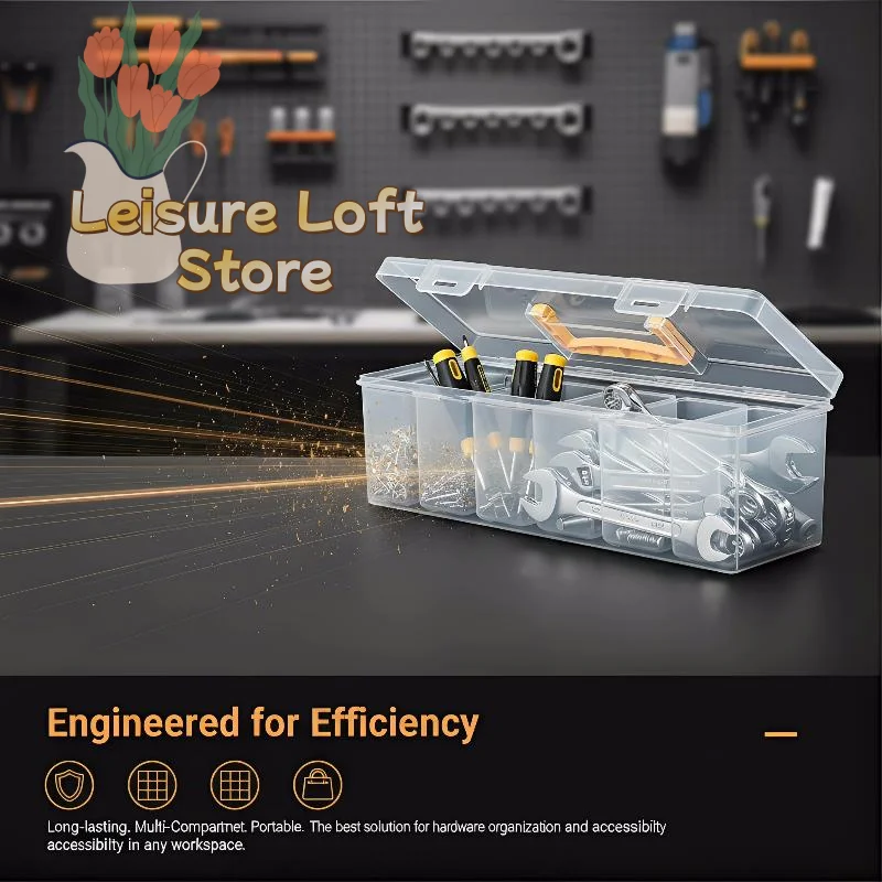 Multi Compartment Transparent Tool Organizer Hardware Storage Box with Carry Handle for Home Organization and Garage