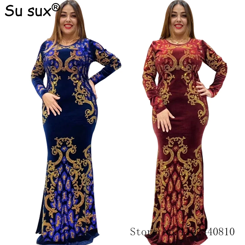 Velvet African Dresses For Women Arab Middle East Muslim Dress Abaya Dubai African Clothes Sequins O Neck Long Sleeve Maxi Dress