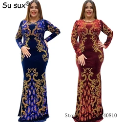 Velvet African Dresses For Women Arab Middle East Muslim Dress Abaya Dubai African Clothes Sequins O Neck Long Sleeve Maxi Dress