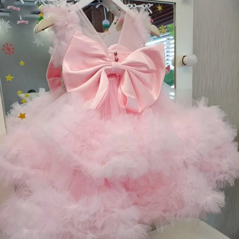 Flower Girls Dresses Pink Tulle Puffy Pearls Pleat With Bow Sleeveless For Wedding Birthday Party First Communin Gowns