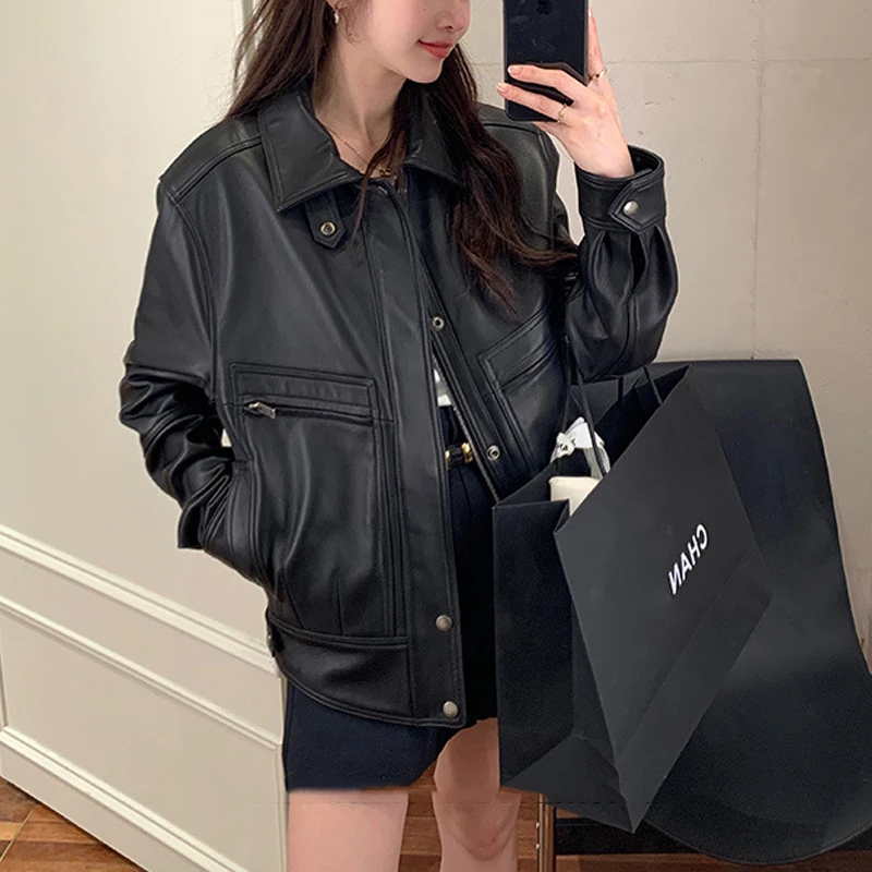 سترة دراجة نارية من جلد الغنم لعام 100% للنساء معاطف سوداء بسحاب معاطف نسائية غير رسمية من الجلد الحقيقي فضفاضة بأكمام طويلة #1