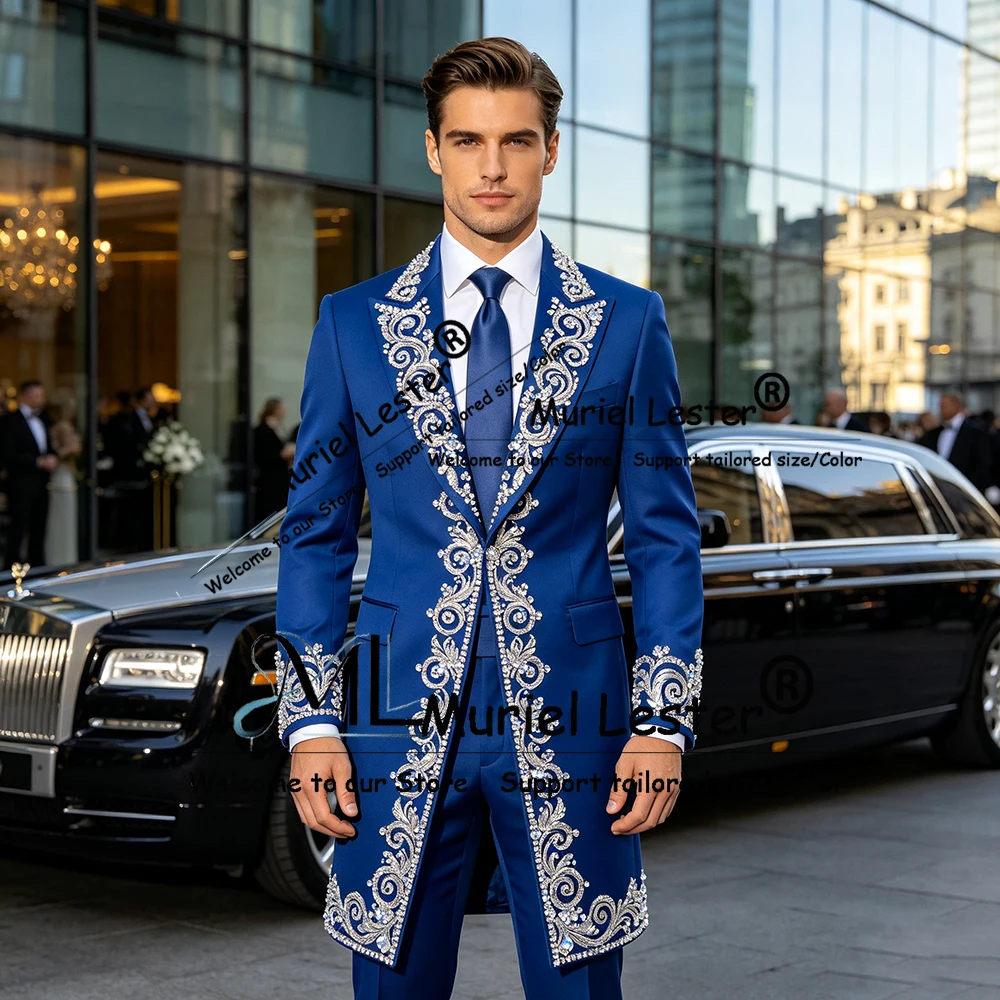Brilliant Wedding Suit For Man Sliver Rhinestone Beaded Prom Blazers Long Customized 2 Pieces Sets Groom Wedding Tuxedo Attires