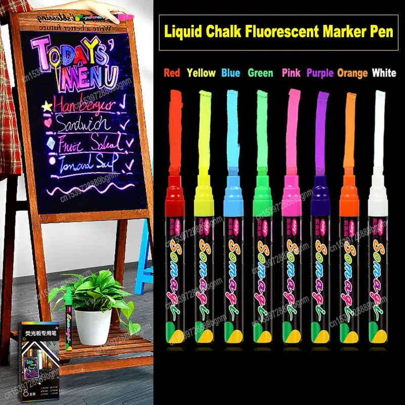 

8Color Liquid Chalk Erasable Highlighter Fluorescent Marker Pen 7mm Flat Tip LED Light Board Blackboard Advertisement Chalkboard