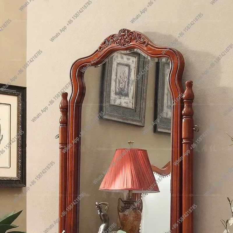 

S Full-length Living Room Against The Wall Rotating Floor Mirror Solid Wood Carving Flower Mirror Full Body Fitting Mirror
