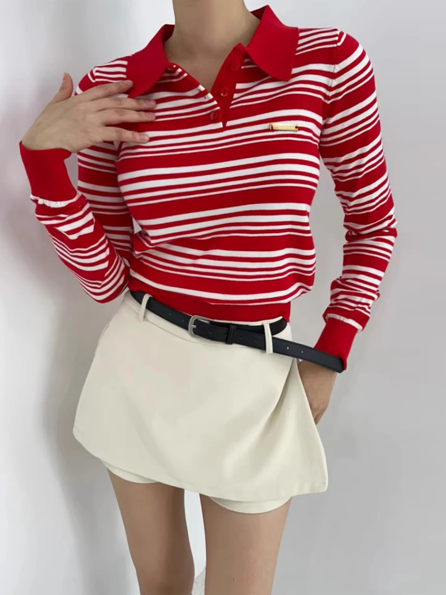 

Retro Ne Metal Label Striped Knitwear Women's Slim Fit Versatile Sweater Commute Sle Korean Version Long Sve