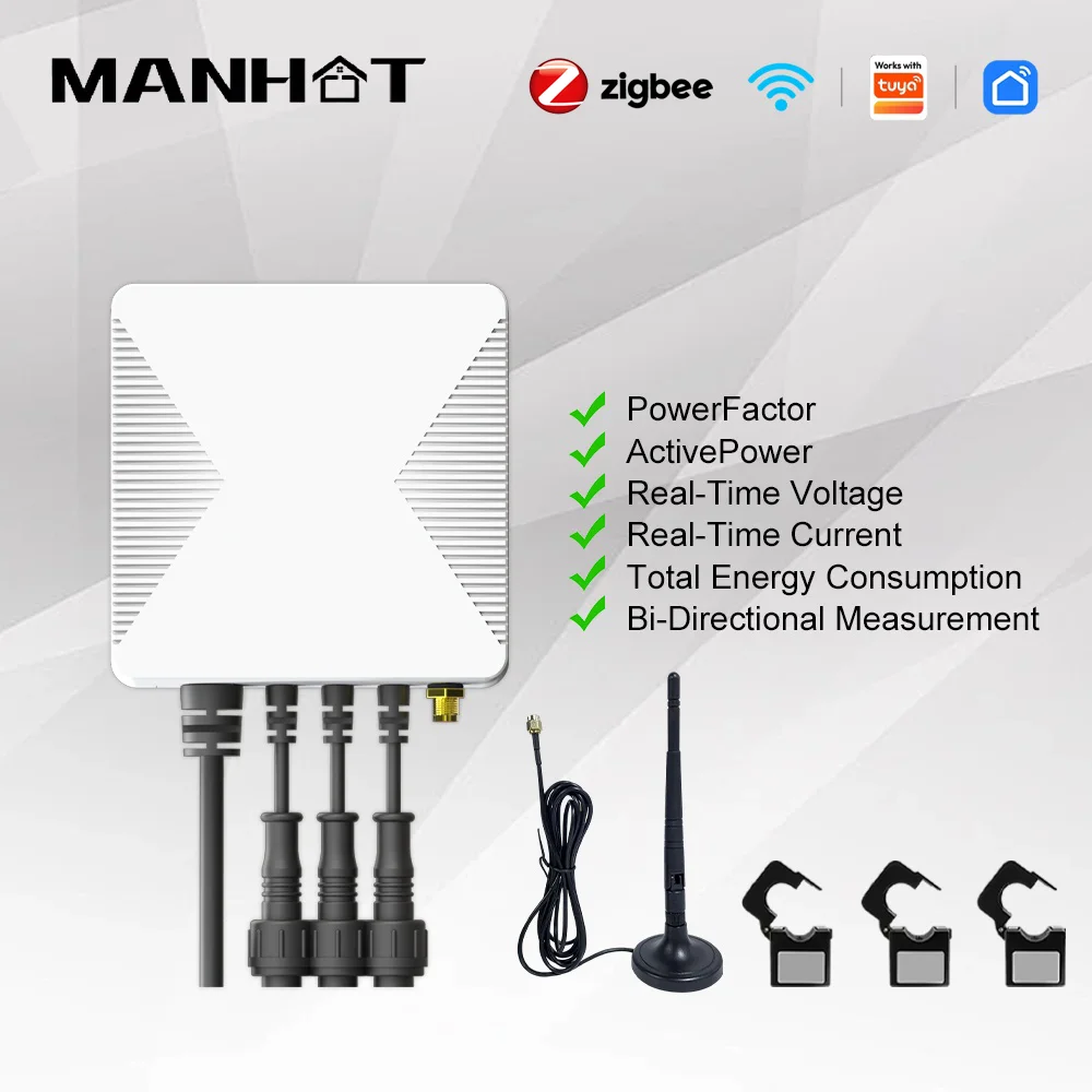 Manhot Three Phase Zigbee/WiFi Bidirectional Smart Energy Meter 3 CT Clamp App Real Time Monitor Voltage Curent Power 80A 120A