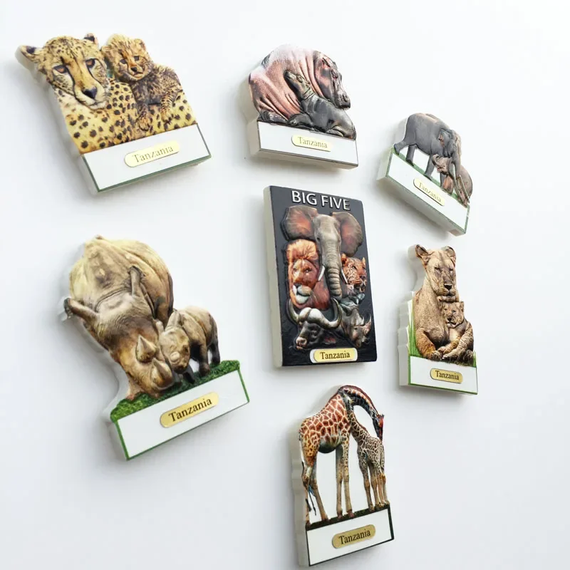 Africa Tanzania big five animal tourism memorial crafts lion rhino hippopotamus giraffe leopard magnetic refrigerator sticker