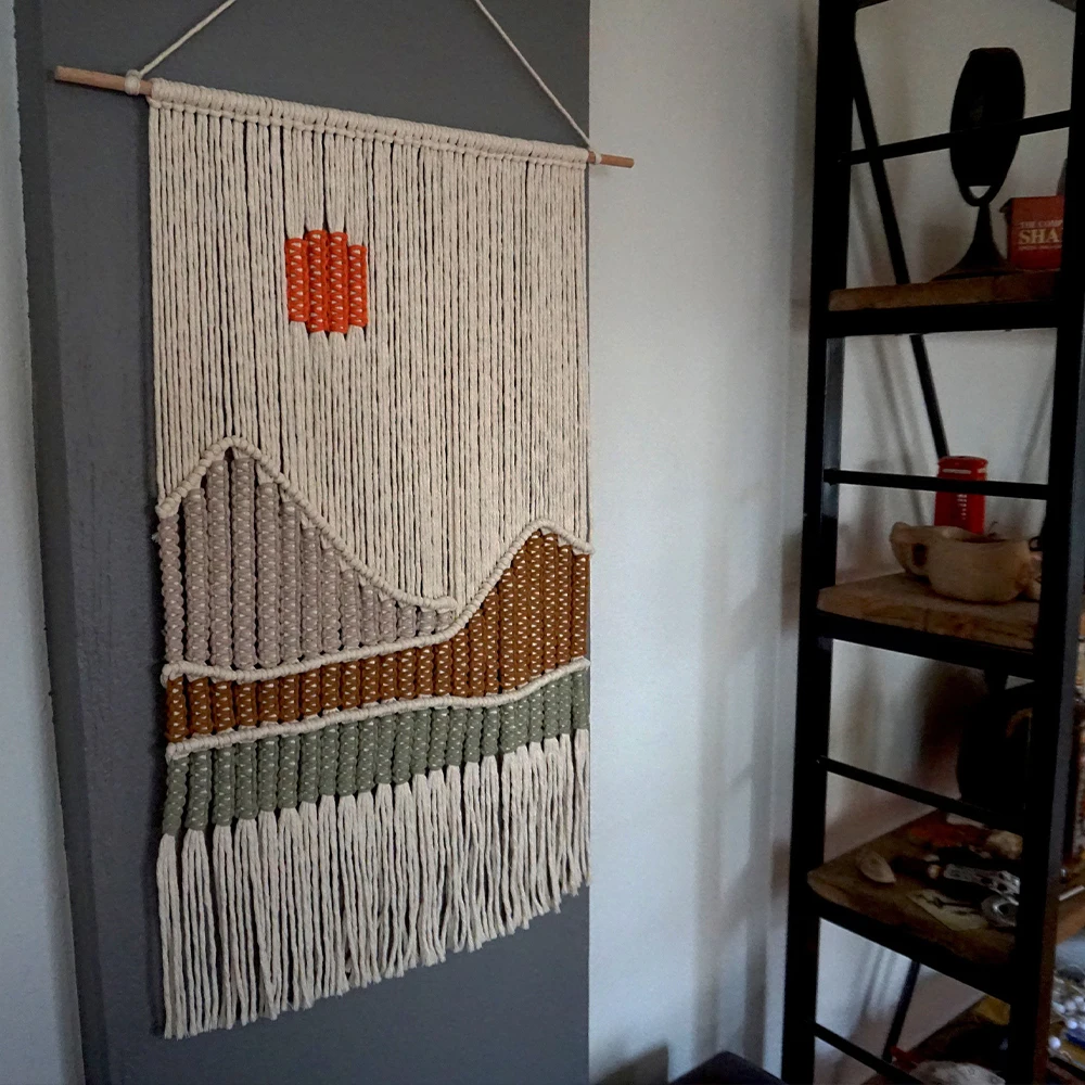 Macrame Mountain Art Wall Hanging, Sunset Desert Landscape Woven Decor, Southwestern Cacti Wall Art, Handmade Weaving Home Decor