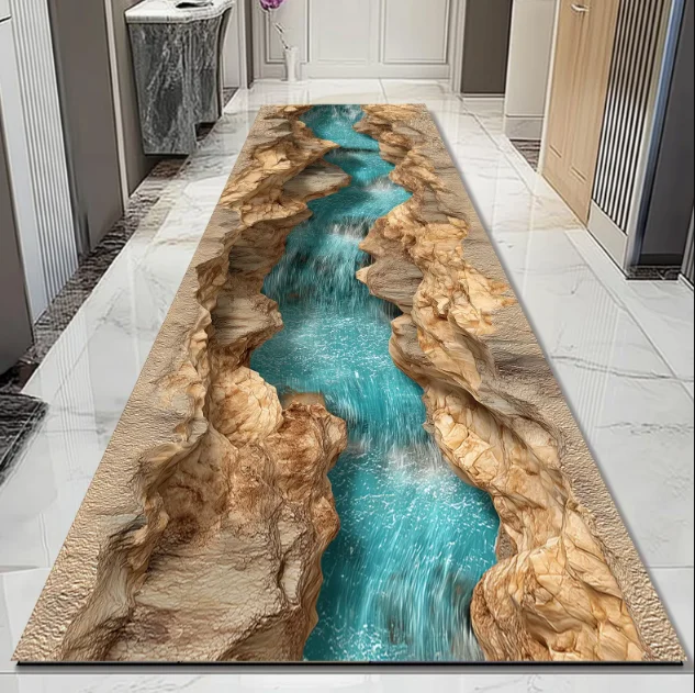 2D Küchenläufer Teppich Optische Täuschung Wasserfall-Kanal Rutschfester Waschbarer Langer Bodenteppich für Flur, Waschküche, Wohnzimmer, Eingangsbereich