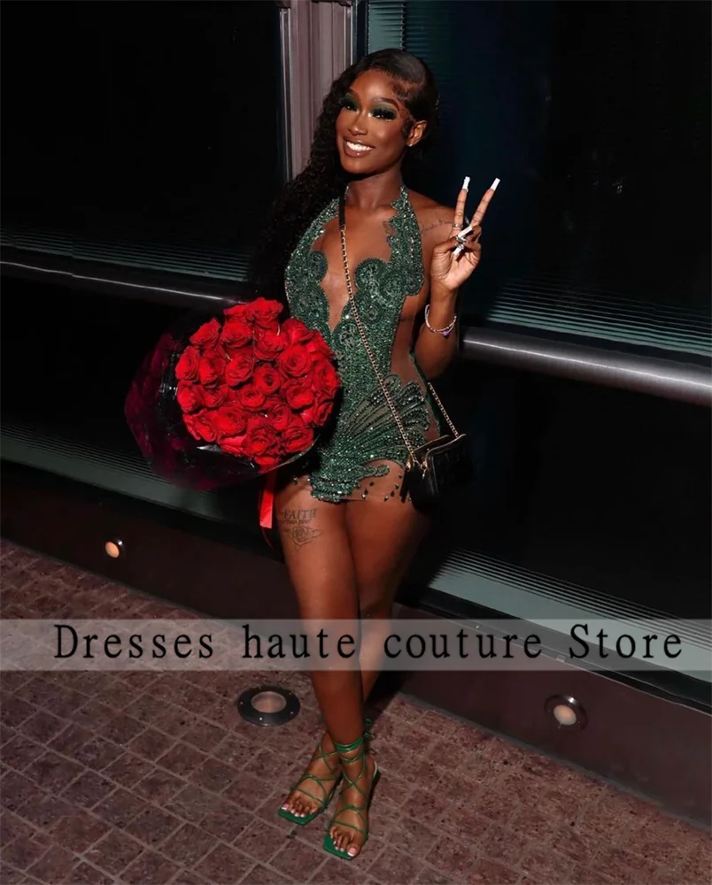 Sexy ver através verde esmeralda preto menina curto vestido de baile 2025 halter cristais strass mini vestidos de cocktail personalizado