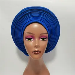 Nigeryjski niebieski Gele Headtie Auto Gele Turban Headwarp Already Made Headtie Afrykańska czapka turban na imprezę XM207-1