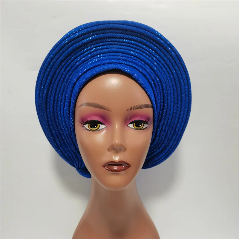 Nigerian Blue Gele Headtie  Auto Gele Turban Headwarp Already Made Headtie African Turban Cap for Party XM207-1