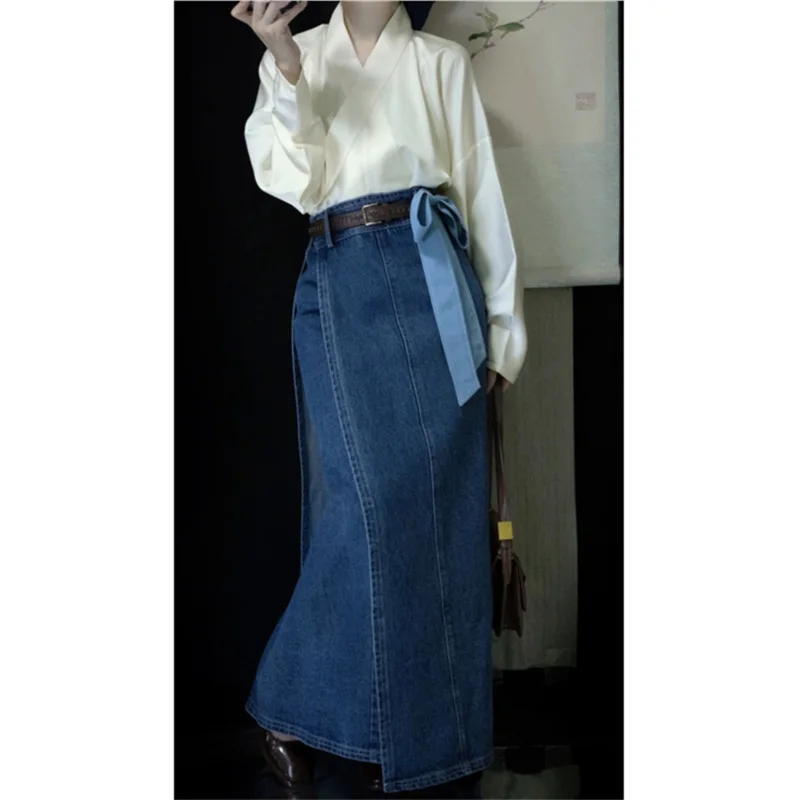 

Женская винтажная синяя джинсовая юбка макси с запахом, с высокой талией, А-силуэт, с разрезом на бедре, в стиле Харадзюку, минималистичная, французская, преппи, для повседневных образов