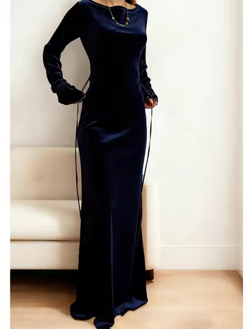 Elegant Velvet Long Sleeve Bodycon Maxi Dress with Drawstring Sides &ndash; Elegant Brown Evening Gown, Trending Velvet Dress, Elegant